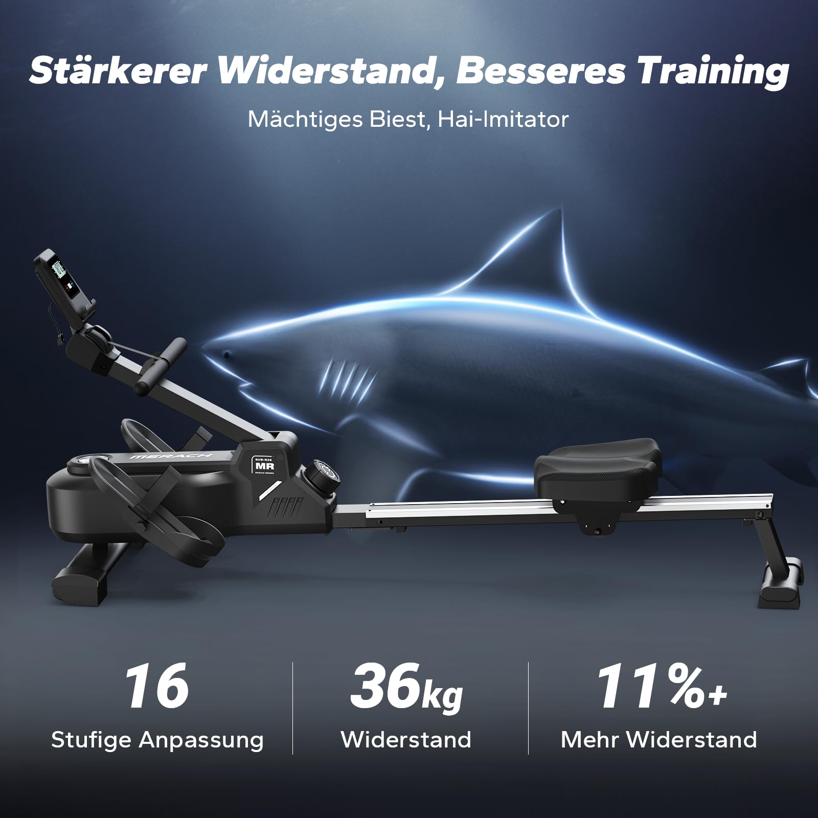 MERACH Rudergerät für zuhause mit Exklusiver Interaktiver APP-Karte und Spielen, Hai-ähnliches Aussehen, Intensives Rudererlebnis, Platzsparend, Geeignet für Ganzkörpertraining