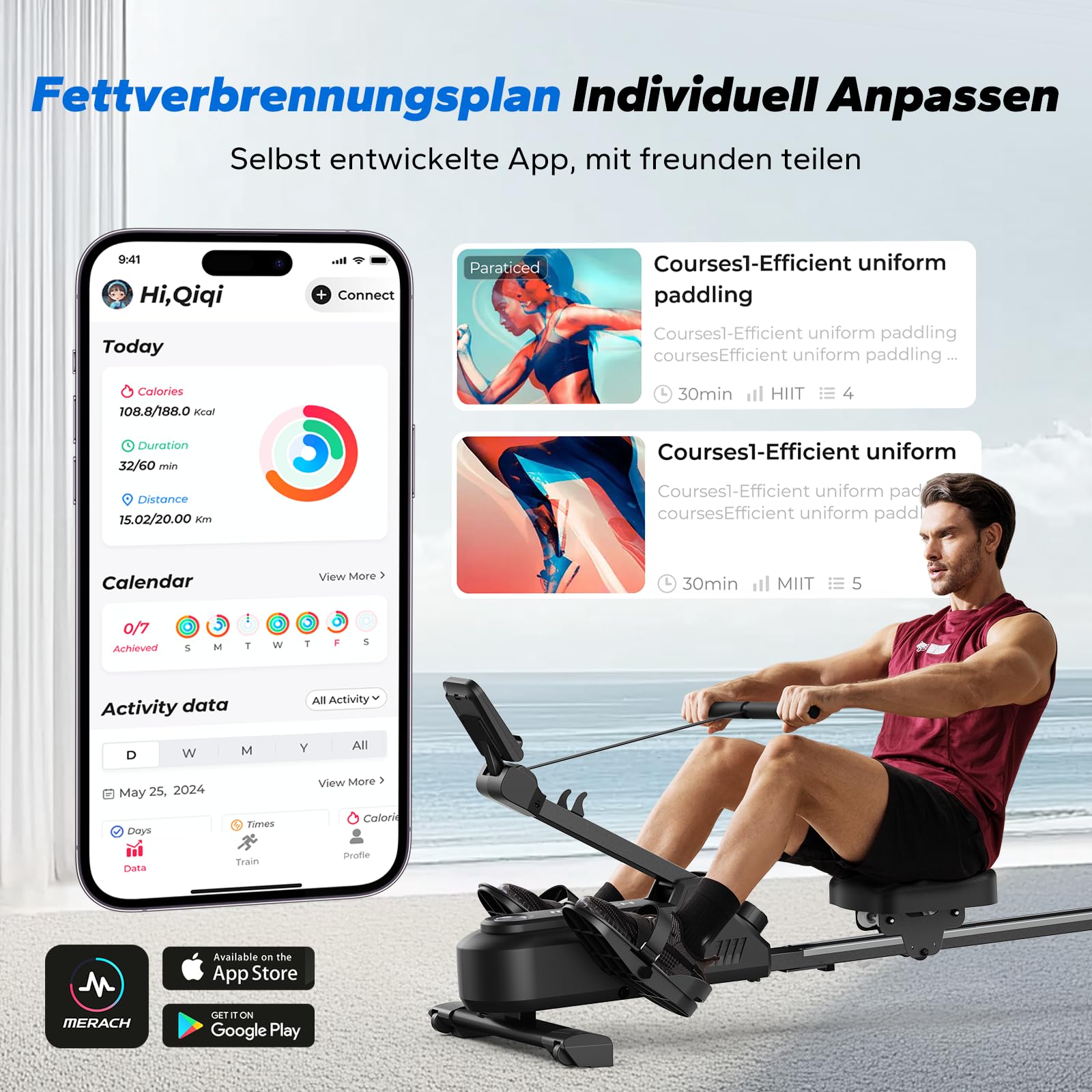 MERACH Rudergerät für zuhause mit Exklusiver Interaktiver APP-Karte und Spielen, Hai-ähnliches Aussehen, Intensives Rudererlebnis, Platzsparend, Geeignet für Ganzkörpertraining