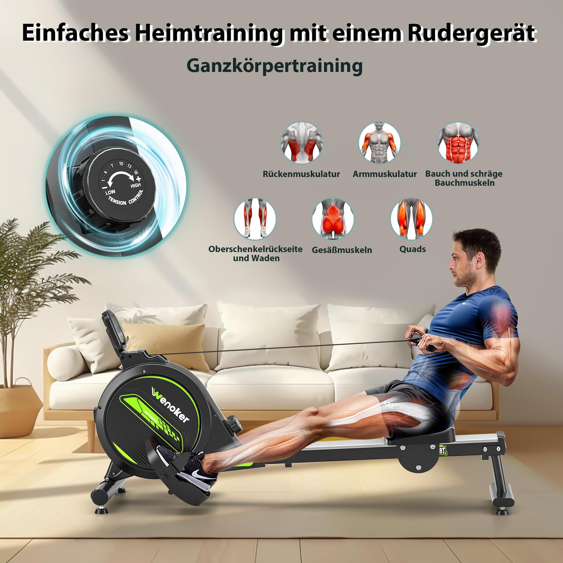 Wenoker Rudergerät mit Magnet-Fitnesstrainer, Rudergerät für Zuhause 16 Stufen Widerstand, Indoor-Gerät für das Home-Gym, Cardio-Trainingsgerät, 160 kg Kapazität mit LCD-Monitor