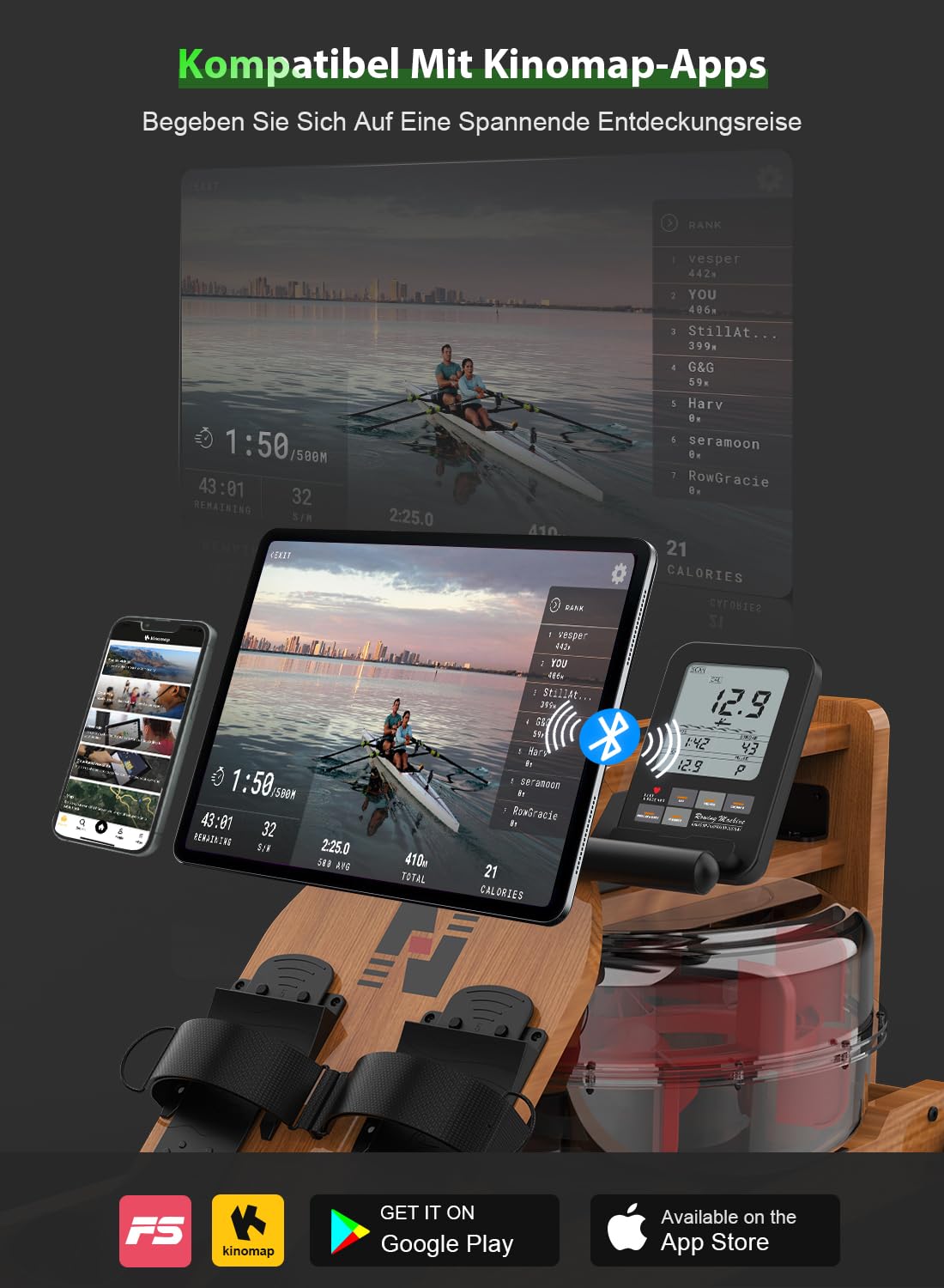 Neezee Wasser Rudergerät für Zuhause, Rudergerät Holz Klappbar, Rudermaschine mit Bluetooth Anzeige und Tablet-Halterung, Max 200kg Belastbar, Kompatibel mit Kinomap APP
