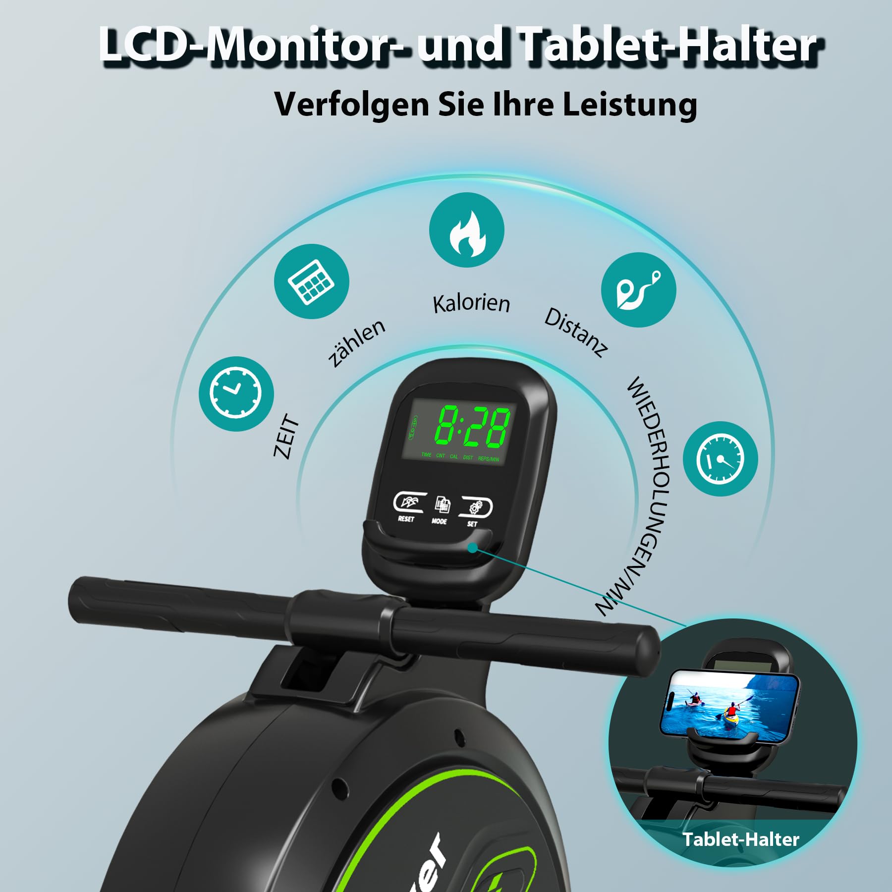 Wenoker Rudergerät mit Magnet-Fitnesstrainer, Rudergerät für Zuhause 16 Stufen Widerstand, Indoor-Gerät für das Home-Gym, Cardio-Trainingsgerät, 160 kg Kapazität mit LCD-Monitor