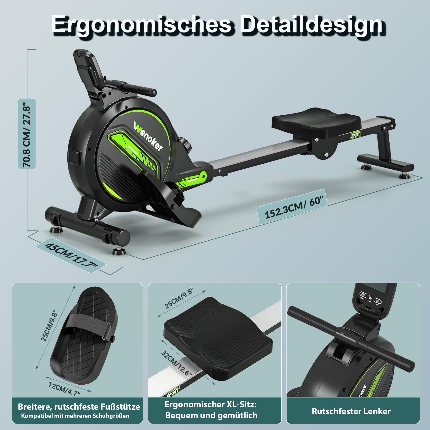 Wenoker Rudergerät mit Magnet-Fitnesstrainer, Rudergerät für Zuhause 16 Stufen Widerstand, Indoor-Gerät für das Home-Gym, Cardio-Trainingsgerät, 160 kg Kapazität mit LCD-Monitor