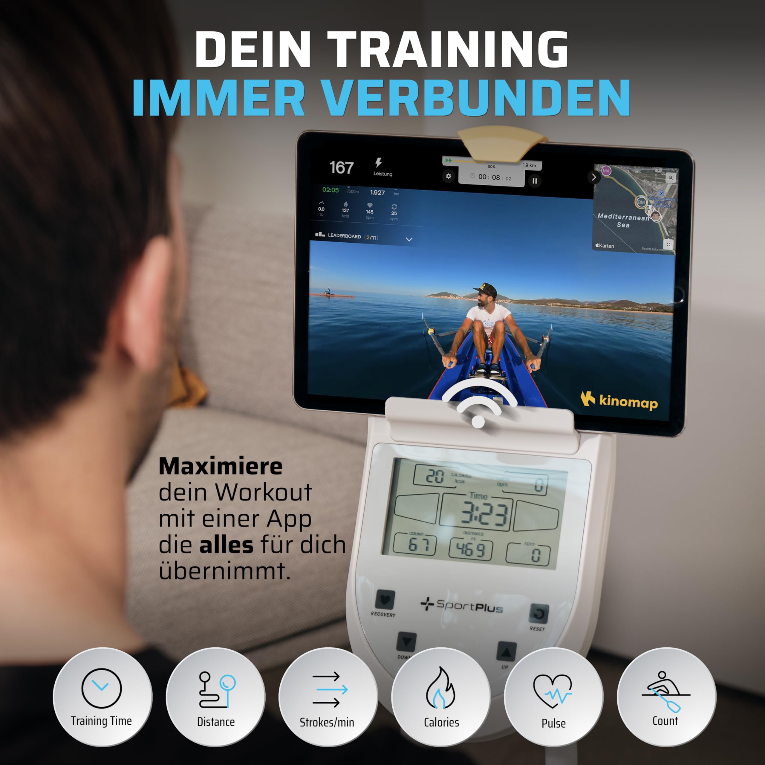 Rudergerät für zuhause klappbar - SportPlus Rudergerät klappbar extra leiser Magnetwiderstand - Rudermaschine für zuhause Kinomap - Rudergeräte Magnetwiderstand Trainingscomputer App Rowing Machine