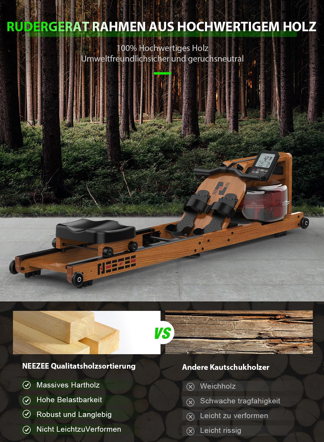 Neezee Wasser Rudergerät für Zuhause, Rudergerät Holz Klappbar, Rudermaschine mit Bluetooth Anzeige und Tablet-Halterung, Max 200kg Belastbar, Kompatibel mit Kinomap APP
