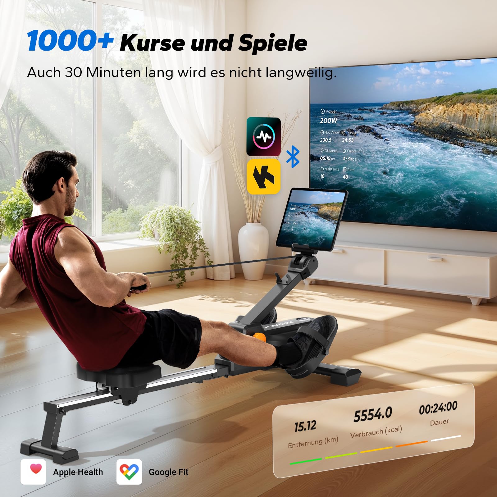 MERACH Rudergerät für zuhause mit Exklusiver Interaktiver APP-Karte und Spielen, Hai-ähnliches Aussehen, Intensives Rudererlebnis, Platzsparend, Geeignet für Ganzkörpertraining