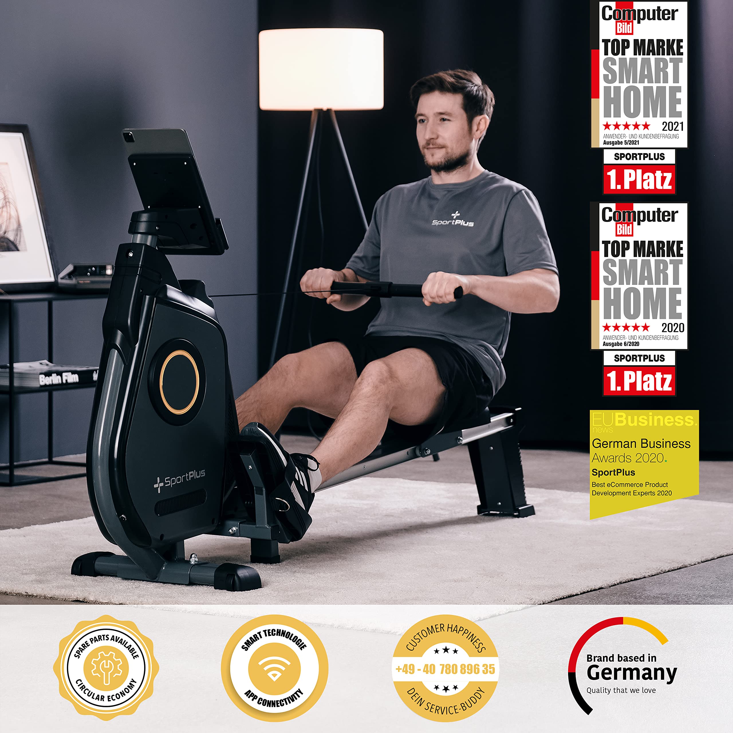 SportPlus Rudergerät für zuhause, Rudergerät klappbar mit App-Steuerung und 24-Stufen-Magnetbremse mit 8kg Schwungmasse, Maße: ca. 180x48x96,5cm (LxBxH); Klappmaße: 79x48x134cm (LxBxH)