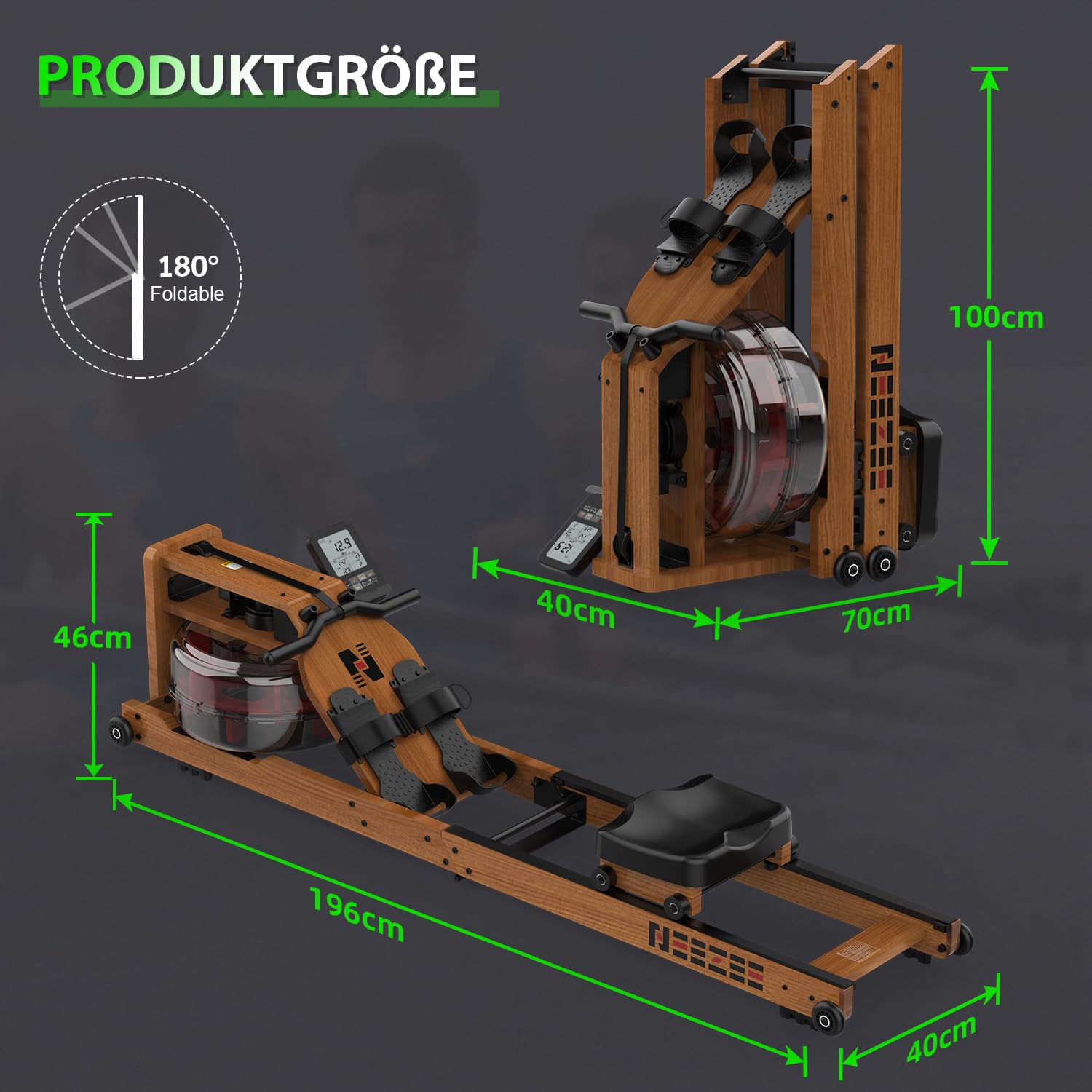 Neezee Wasser Rudergerät für Zuhause, Rudergerät Holz Klappbar, Rudermaschine mit Bluetooth Anzeige und Tablet-Halterung, Max 200kg Belastbar, Kompatibel mit Kinomap APP