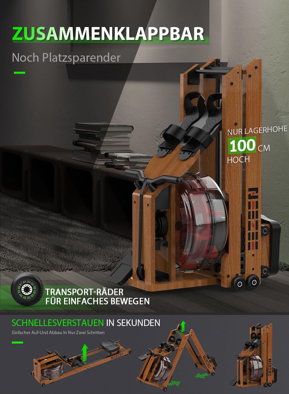 Neezee Wasser Rudergerät für Zuhause, Rudergerät Holz Klappbar, Rudermaschine mit Bluetooth Anzeige und Tablet-Halterung, Max 200kg Belastbar, Kompatibel mit Kinomap APP