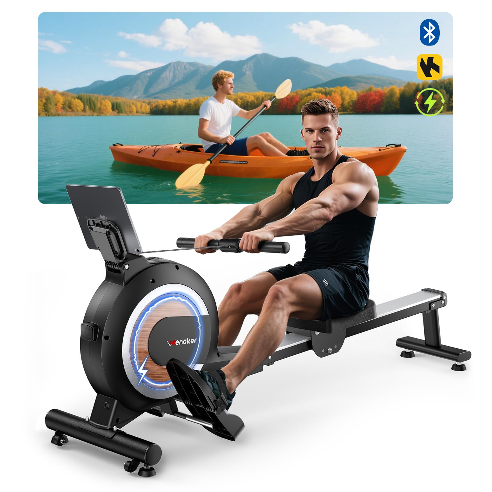 Wenoker Rudergerät für Zuhause, Magnetisches Rudergerät mit APP & LCD-Display, 32 Widerstandsstufen, Leises Heimrudergerät für Cardio-Training, 160 kg Belastbarkeit, Vertikal Verstaubar
