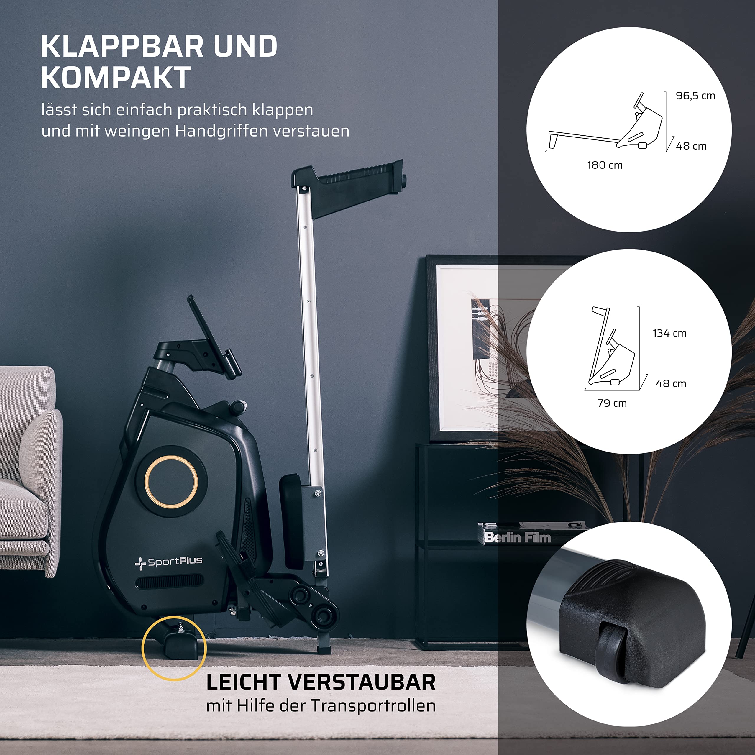 SportPlus Rudergerät für zuhause, Rudergerät klappbar mit App-Steuerung und 24-Stufen-Magnetbremse mit 8kg Schwungmasse, Maße: ca. 180x48x96,5cm (LxBxH); Klappmaße: 79x48x134cm (LxBxH)