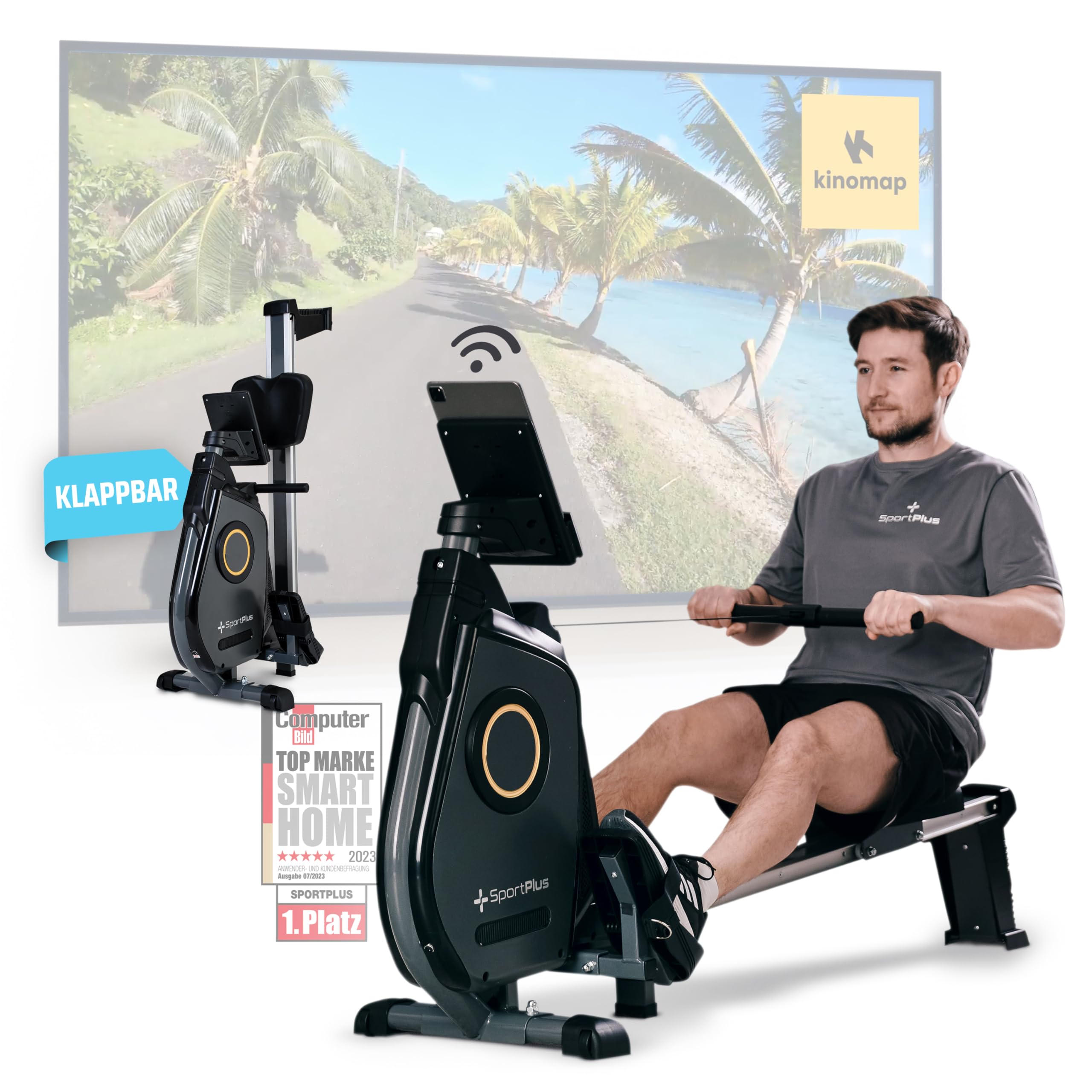 SportPlus Rudergerät für zuhause, Rudergerät klappbar mit App-Steuerung und 24-Stufen-Magnetbremse mit 8kg Schwungmasse, Maße: ca. 180x48x96,5cm (LxBxH); Klappmaße: 79x48x134cm (LxBxH)