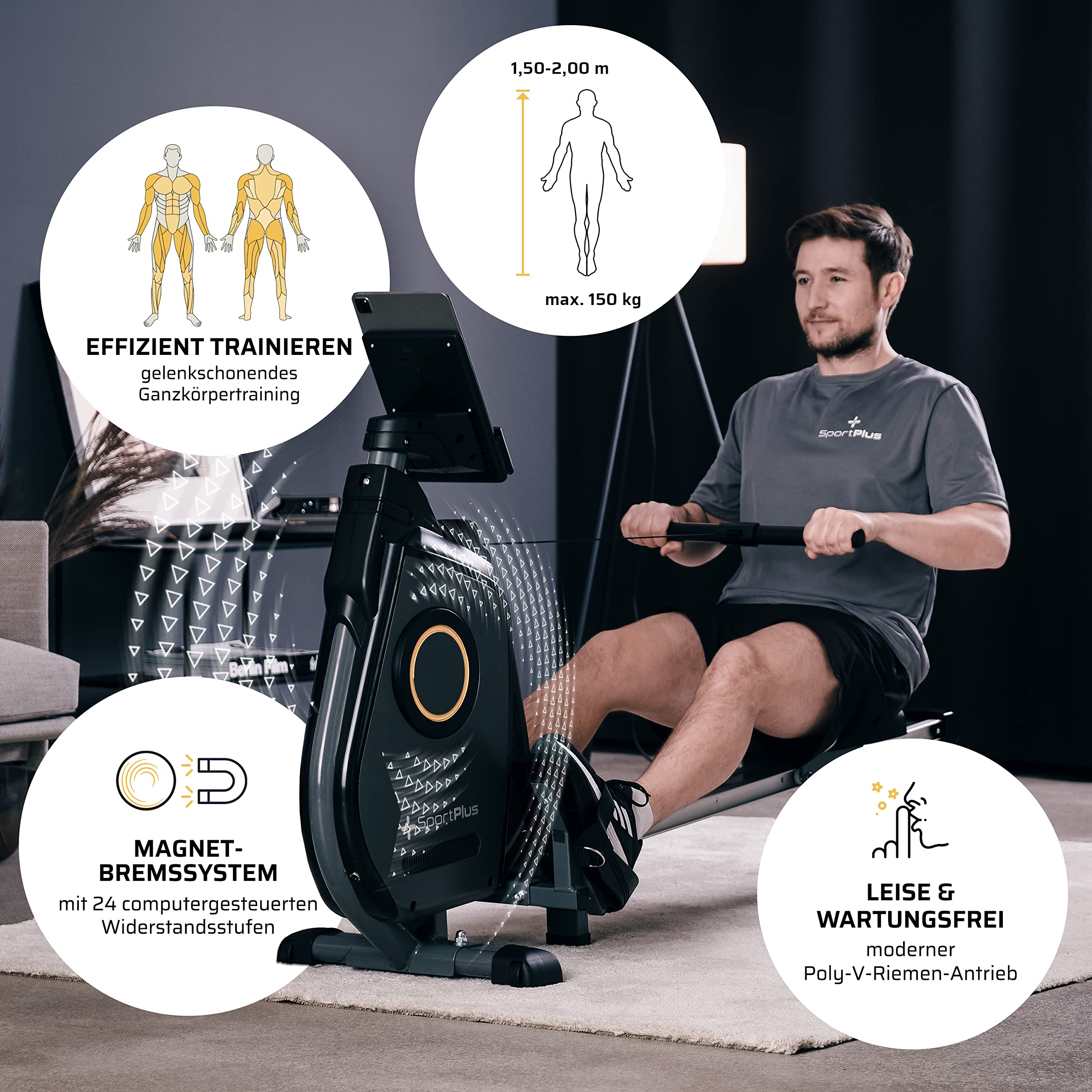 SportPlus Rudergerät für zuhause, Rudergerät klappbar mit App-Steuerung und 24-Stufen-Magnetbremse mit 8kg Schwungmasse, Maße: ca. 180x48x96,5cm (LxBxH); Klappmaße: 79x48x134cm (LxBxH)